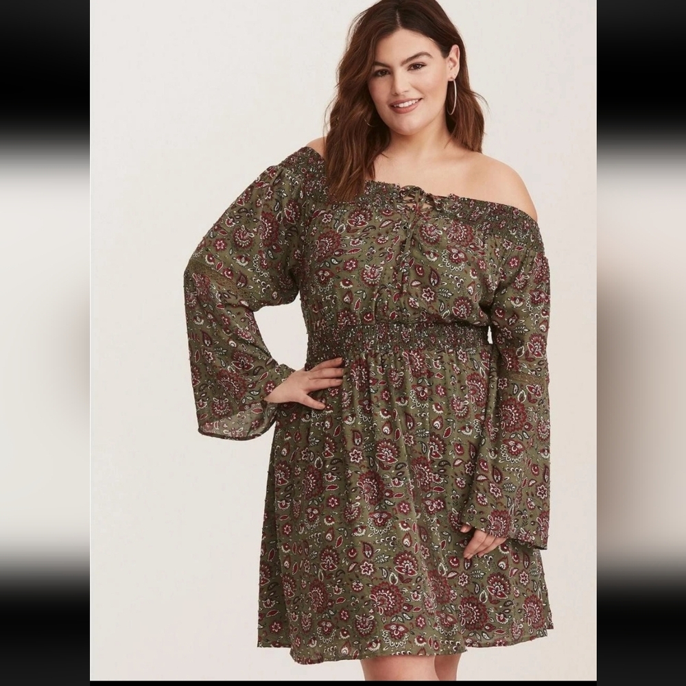 Torrid Multi Color Floral Off Shoulder Lace Up Challis Skater Dress L Paisley